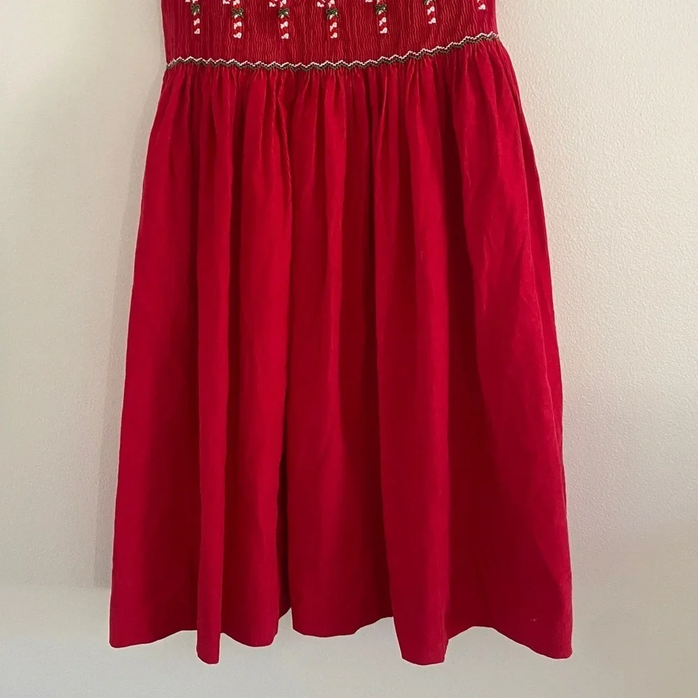 Anavini Handsmocked Girls Corduroy Christmas Candy Cane Dress with Tie Red 8